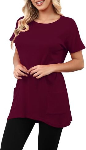 Aphratti Womens Short Sleeve Tunics or Tops to Wear with Leggings Casual Summer Long Shirts with Pockets in Saudi Arabia