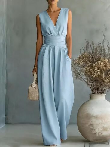 Women's Linen Sleeveless Wide Leg Jumpsuit, V Neck High Waist Casual Romper with Pockets Loose Fit for Work Beach in Kuwait