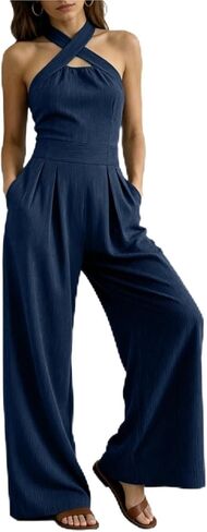 Women's Cross-Neck Halter Cotton Linen Jumpsuit, Sleeveless Wide Leg Romper with Pockets in Kuwait