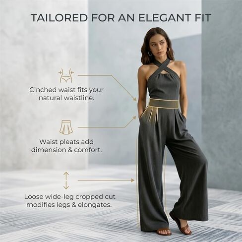 Women's Cross-Neck Halter Cotton Linen Jumpsuit, Sleeveless Wide Leg Romper with Pockets in Kuwait