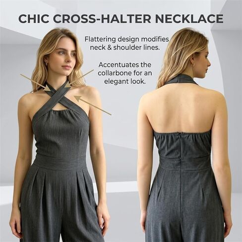 Women's Cross-Neck Halter Cotton Linen Jumpsuit, Sleeveless Wide Leg Romper with Pockets in Kuwait