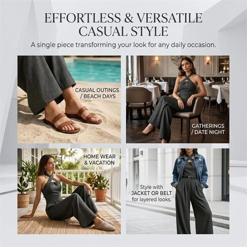Women's Cross-Neck Halter Cotton Linen Jumpsuit, Sleeveless Wide Leg Romper with Pockets in Kuwait