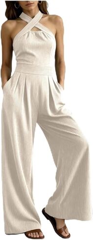 Women's Cross-Neck Halter Cotton Linen Jumpsuit, Sleeveless Wide Leg Romper with Pockets in Kuwait