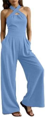Women's Cross-Neck Halter Cotton Linen Jumpsuit, Sleeveless Wide Leg Romper with Pockets in Kuwait