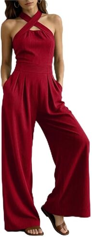 Women's Cross-Neck Halter Cotton Linen Jumpsuit, Sleeveless Wide Leg Romper with Pockets in Kuwait
