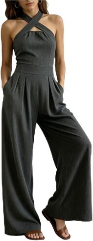 Women's Cross-Neck Halter Cotton Linen Jumpsuit, Sleeveless Wide Leg Romper with Pockets in Kuwait