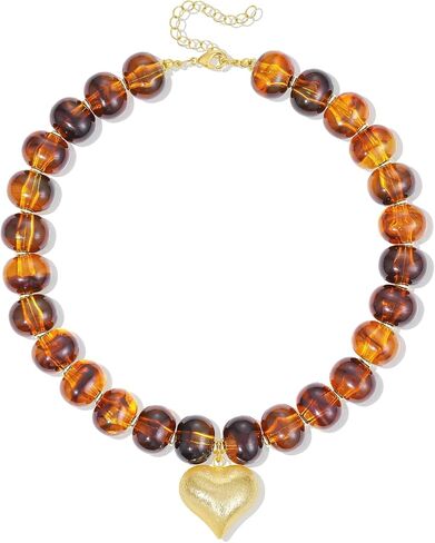 KELORIS PATH Chunky Resin Beaded Necklace for Women, 14K Gold Plated Brushed Puffy Heart Pendant Choker Summer Beach Boho Jewelry Gift in Kuwait