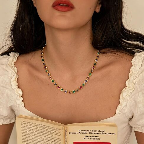 PASCAL Catena Multi-Colour Gemstone Chain Necklace for Women, Vintage Gold Bezel Tennis Necklace, 18K Gold Plated with Lab-Grown Gemstones Necklace, Elegant Statement Jewellery, Meanful Gift for Her, Mom, Wife, Friends and Own in Saudi Arabia