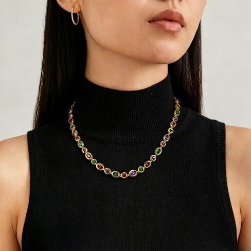 PASCAL Catena Multi-Colour Gemstone Chain Necklace for Women, Vintage Gold Bezel Tennis Necklace, 18K Gold Plated with Lab-Grown Gemstones Necklace, Elegant Statement Jewellery, Meanful Gift for Her, Mom, Wife, Friends and Own in Saudi Arabia