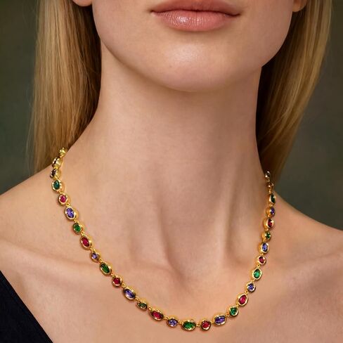 PASCAL Catena Multi-Colour Gemstone Chain Necklace for Women, Vintage Gold Bezel Tennis Necklace, 18K Gold Plated with Lab-Grown Gemstones Necklace, Elegant Statement Jewellery, Meanful Gift for Her, Mom, Wife, Friends and Own in Saudi Arabia