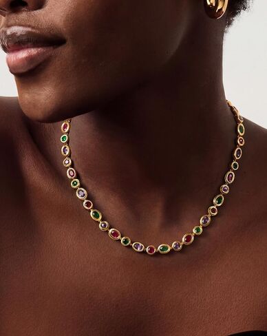 PASCAL Catena Multi-Colour Gemstone Chain Necklace for Women, Vintage Gold Bezel Tennis Necklace, 18K Gold Plated with Lab-Grown Gemstones Necklace, Elegant Statement Jewellery, Meanful Gift for Her, Mom, Wife, Friends and Own in Saudi Arabia