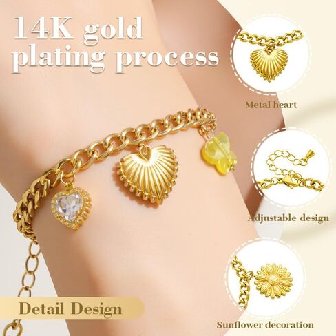 14K Gold Plated Heart Charm Bracelet for Women, Stainless Steel Chain with Gold Heart Pendant, Gift for Sisters, Best Friends, Family – Birthday & Valentine’s Day in Saudi Arabia