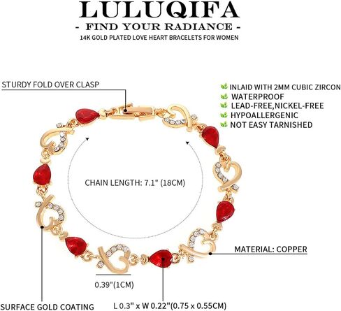 14K Gold Plated Bracelets for Women Love Heart Link Bracelet Crystal Bangle Dainty Tennis Chain Cuff Trendy Jewelry for Wife Mom Anniversary Valentines Birthday Gifts in Kuwait