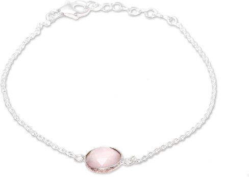 NOVICA Handmade Rose Quartz Pendant Bracelet Adjustable from India .925 Sterling Silver Gemstone Birthstone 'Pink Night' in Kuwait