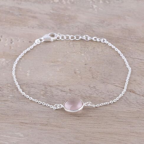 NOVICA Handmade Rose Quartz Pendant Bracelet Adjustable from India .925 Sterling Silver Gemstone Birthstone 'Pink Night' in Kuwait