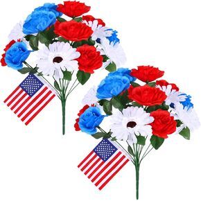 2 Bunches 14 Heads Artificial Flowers for Cemetery, Cemetery Flowers for Grave, 6 Red Roses 4 Blue Roses 4 White Chrysanthemums, Grave Flowers for Cemetery for Memorial Day Veterans Day 4th of July in Saudi Arabia