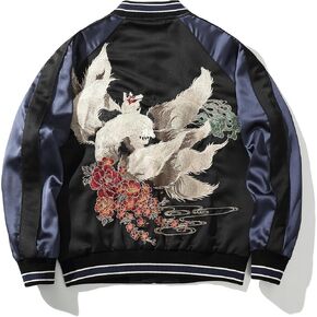 Nine-tailed Fox Embroidery Mens Bomber Jacket Japanese Style Satin Streetwear Causal Motorcycle Coat Windbreaker in Saudi Arabia