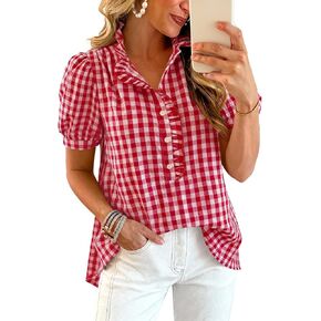 Puff Short Sleeve Tops for Women Summer Striped Plaid Ruffle Button Down Shirts Business Casual Work Dressy Blouses in Saudi Arabia