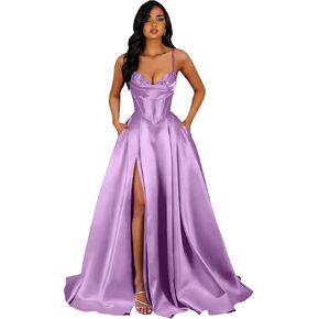 Floral Prom Dress for Women Teens Satin Ball Gown Corset Spaghetti Straps Formal Evening Gowns with Slit Pockets in Kuwait