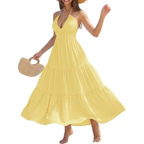 YZEGGO Women's Summer Halter Maxi Dress Backless Bow Tie Beach Vacation Dresses Flowy Ruffle A Line Casual Sundress in Saudi Arabia