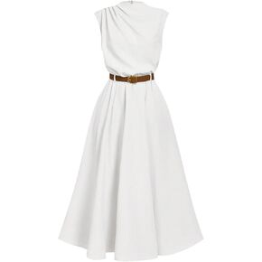 OYOANGLE Women's Mock Neck Ruched Belted Dress Button Back Elegant Flared Sleeveless A Line Long Dress in Saudi Arabia