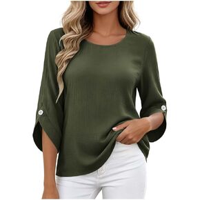 Womens Summer Tops Dressy Casual Cotton Linen Shirts 3/4 Sleeve Business Work Blouse Fashion Flowy Basic Tunic in Kuwait
