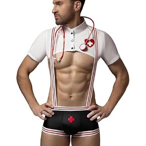 Mens Sexy Nurse Costume Set, Exotic Apparel Underwear, Women Sexy Nurse Costume – Funny Male Doctor Cosplay Outfit with Crop Top, Boxer Shorts, Suspenders & Stethoscope for Halloween Adult Party in Saudi Arabia