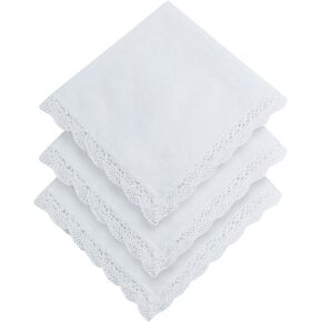 3 PCS Pure Cotton Handkerchiefs for Women, White Ladies Hankies with Lace Design, Soft Lace Handkerchiefs for Women for Wedding, Bride Celebration & Daily Use in Saudi Arabia