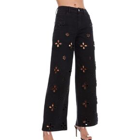 Seltaon Casual Women's High Waisted Jeans Baggy Straight Leg Hollow Out Flower Trendy Denim Pants Streetwear in Saudi Arabia