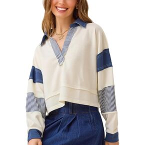 Sweatshirt for Women Color Block Patchwork Shirt Polo V Neck Cropped Casual Striped Top Pullover in Saudi Arabia
