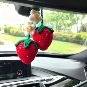 Crochet Pink Strawberry Car Accessories, Car Hanging Ornament, Rear View Mirror Hanging Accessories, Cute Home Office Decor in Saudi Arabia