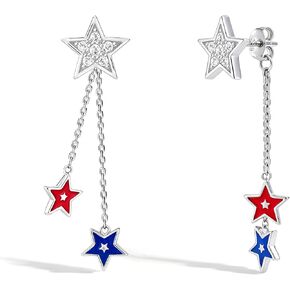 S925 Sterling Silver 4th of July Star Dangle Earrings for Women, Patriotic Red White Blue Drop Earrings with Crystal Decor, Hypoallergenic Independence Day Jewelry Gift in Saudi Arabia