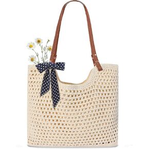Crochet Mesh Beach Tote Bag, Large Woven Shoulder Bag with Leather Handles, Inner Pocket, Boho Summer Travel Purse for Women in Saudi Arabia