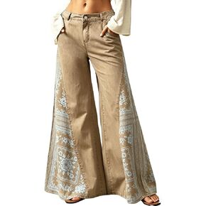 Women's Boho Floral Print Bell Bottom Jeans Elastic Waist Flared Baggy Jeans Retro Wide Leg Denim Pants in Kuwait
