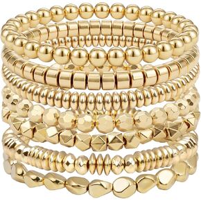 Rbenxia 7 Pcs Gold Bracelets for Women Beaded Stretch Bracelets Stackable Layered Fake Jewelry for Wedding Party Costume in Kuwait