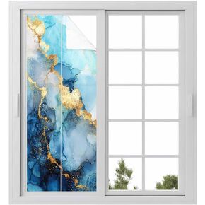 Window Privacy Film Frosted, Teal Blue Golden Marble Static Cling Door Window Covering, Abstract Modern Marble Crack UV Blocking Windows Film for Office, Hotel, Bedroom, 29.5 x 78.7 Inches in Saudi Arabia