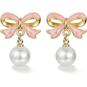 Gold Plated Bow Pearl Drop Dangle Earrings for Women, Trendy Cute Elegant Bowknot Jewelry, Perfect Preppy Birthday Gift for Her | Wedding Party Daily Wear in Kuwait