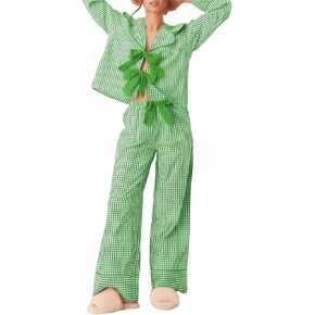 Womens Valentine's Day Gingham Pajamas Set Cute Bow Tie Front 2 Pieces Plaid Sleepwear Pjs Lounge Set in Saudi Arabia