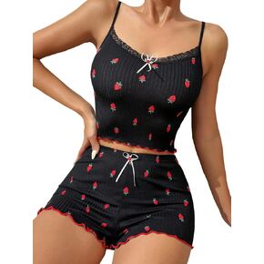 Women's Rib Knit Pajama Sets 2 Piece Cute Shorts Set Lace Neck Nightwear Plus Size Sleepwear Sets in Saudi Arabia