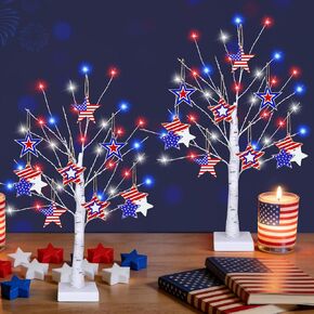 4th of July Decorations, 2 Pack 24 Inch Fourth of July Decorations Patriotic Tree with 8 Wooden Ornaments, USB/Battery Operated Red White Blue Lights Independence Day July 4th Decorations for Home in Saudi Arabia