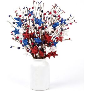 4th of July Decorations Patriotic Picks, 6pcs Artificial Berry Stems White Blue Red Glitter Stars Patriotic Decorations for Independence Day Memorial Day Veterans Decor for Vase Table Centerpieces in Saudi Arabia