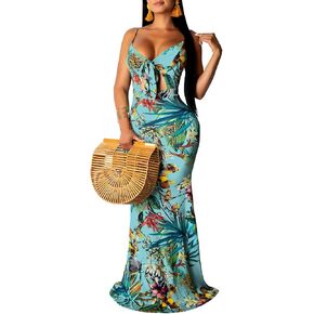 Women's Summer Floral Spaghetti Strap Long Maxi Dresses Low-Cut Bohemian Beach Sundress in Saudi Arabia