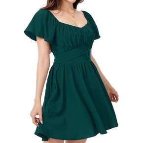 Women's Square Neck Wrap Summer Dress - Ruffle Puff Sleeve Tie Back Mini Dress for Party Dating Go Out in Saudi Arabia