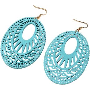 Boho Wooden Cutout Dangle Earrings for Women Bohemian Teardrop Oval Hollow Floral Pattern Drop Earrings Colorful Lightweight Statement Party Jewelry in Saudi Arabia