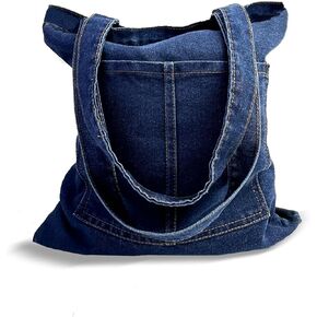 Denim Tote Bag, Canvas Tote Bag with Zipper for women Denim Pures with Pocket for Shopping Travel Grocery in Saudi Arabia