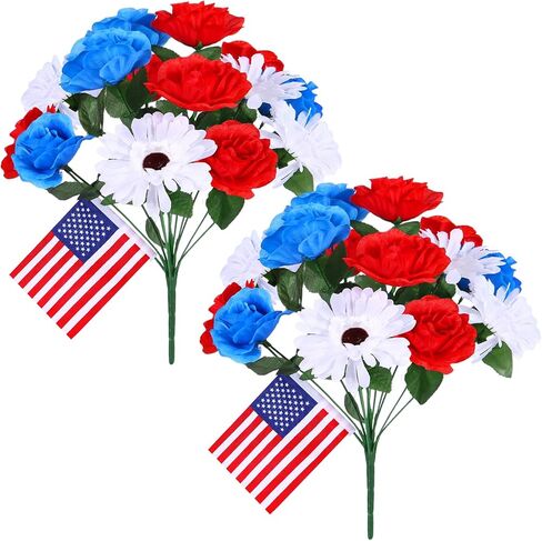 2 Bunches 14 Heads Artificial Flowers for Cemetery, Cemetery Flowers for Grave, 6 Red Roses 4 Blue Roses 4 White Chrysanthemums, Grave Flowers for Cemetery for Memorial Day Veterans Day 4th of July in Saudi Arabia