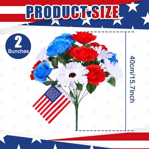 2 Bunches 14 Heads Artificial Flowers for Cemetery, Cemetery Flowers for Grave, 6 Red Roses 4 Blue Roses 4 White Chrysanthemums, Grave Flowers for Cemetery for Memorial Day Veterans Day 4th of July in Saudi Arabia