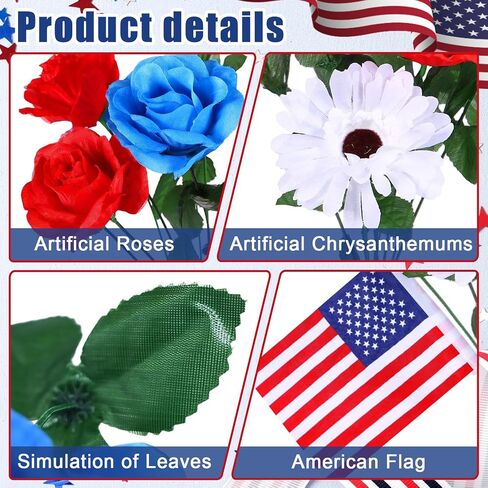 2 Bunches 14 Heads Artificial Flowers for Cemetery, Cemetery Flowers for Grave, 6 Red Roses 4 Blue Roses 4 White Chrysanthemums, Grave Flowers for Cemetery for Memorial Day Veterans Day 4th of July in Saudi Arabia