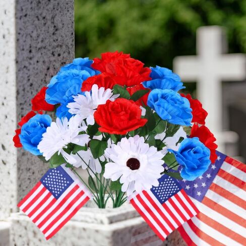 2 Bunches 14 Heads Artificial Flowers for Cemetery, Cemetery Flowers for Grave, 6 Red Roses 4 Blue Roses 4 White Chrysanthemums, Grave Flowers for Cemetery for Memorial Day Veterans Day 4th of July in Saudi Arabia