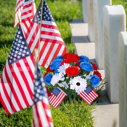 2 Bunches 14 Heads Artificial Flowers for Cemetery, Cemetery Flowers for Grave, 6 Red Roses 4 Blue Roses 4 White Chrysanthemums, Grave Flowers for Cemetery for Memorial Day Veterans Day 4th of July in Saudi Arabia